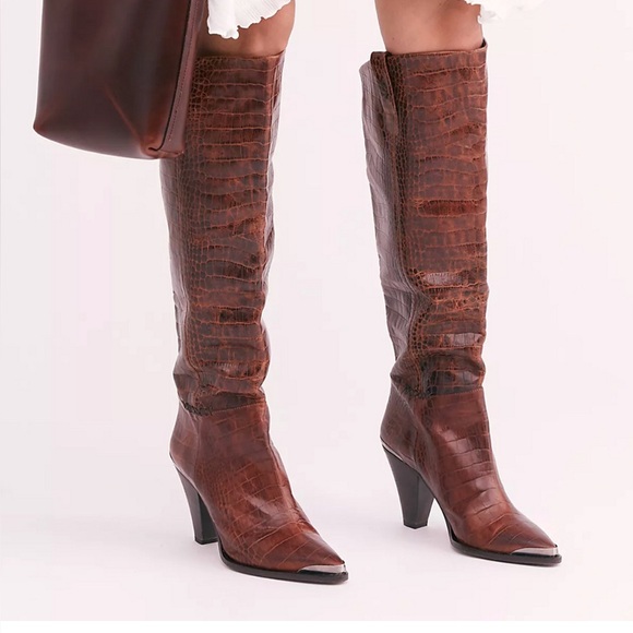 Free People Brown Croc-Embossed Knee-High Boots - Picture 3 of 11